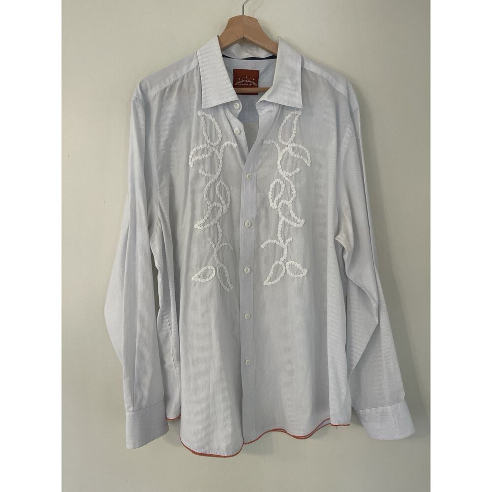 Tommy Bahama Men's Shirt Button Up Blue XL Western Embroidered Pinstripe - Picture 1 of 11